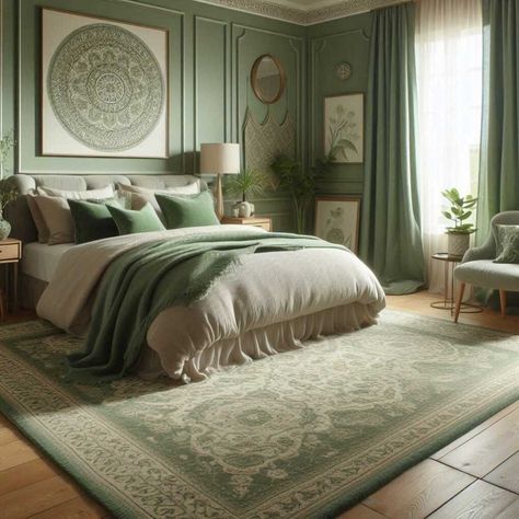 35 Soothing Green Bedroom Decor Ideas » HomeDecorFull Light Green Themed Bedroom, Green Natural Bedroom, French Bedroom Decor Vintage, Green Victorian Bedroom, Mansion Bedrooms, Green Bedroom Decor Ideas, Victorian Style Bedroom, Green And White Bedroom, Sage Bedroom