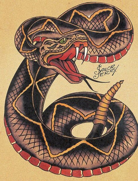 Sailor Jerry Snake Tattoo Flash | KYSA #ink #design #tattoo Traditional Rattlesnake Tattoo, Rattlesnake Tattoo, Sailor Jerry Flash, Sailor Jerry Tattoo Flash, Traditional Snake Tattoo, Sailor Tattoos, Tier Tattoo, Sailor Jerry Tattoos, Snake Tattoo Design