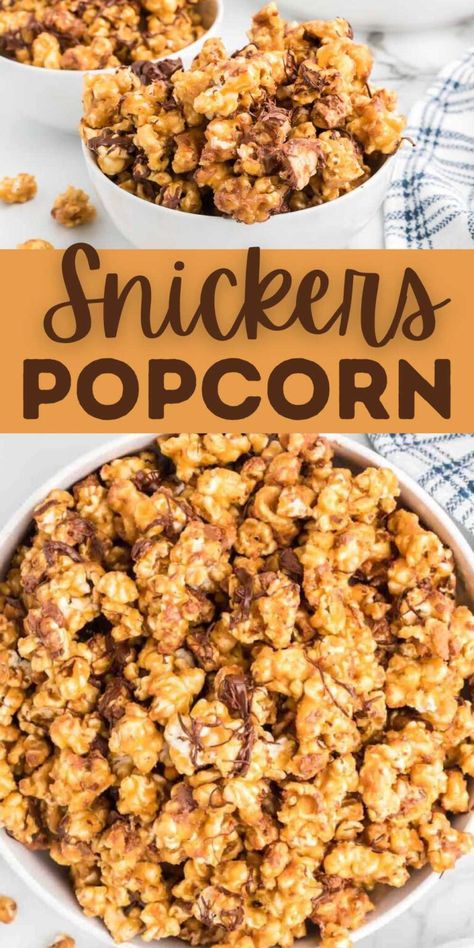 Snickers Popcorn Recipe, Candied Popcorn Recipe, Candy Coated Popcorn Recipe, Sweet Popcorn Recipes, Snickers Popcorn, Candy Popcorn Recipe, Homemade Popcorn Recipes, Popcorn Business, Popcorn Seasoning Recipes