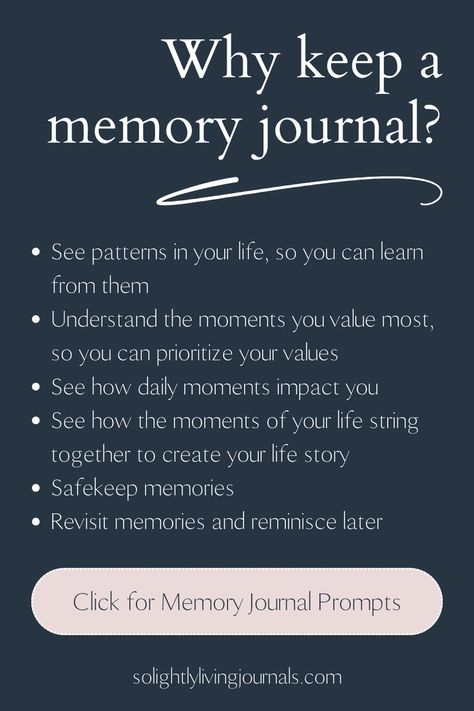 navy blue background with white text; squiggly white line under title; bottom image pink rectangle with rounded corners with text inside that says "Click for memory journal prompts" Childhood Memories Journal Ideas, Bujo Memories Page, Memories Journal Ideas, Memory Journal Ideas, Journal Ideas Writing Prompts, Journal Ideas Writing, Writing A Memoir, Memory Planning, Mindfulness Journal Prompts