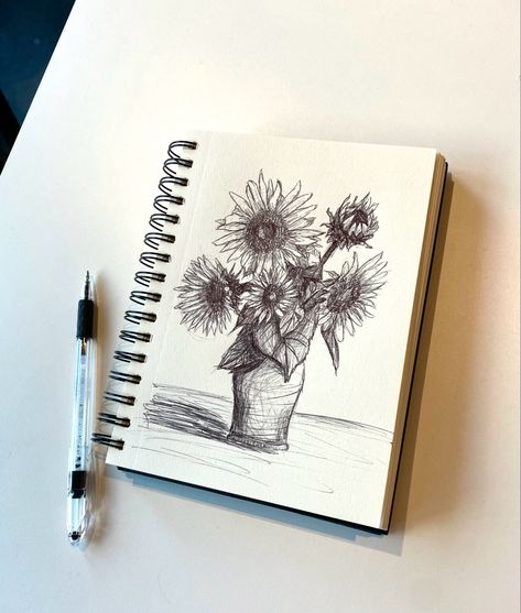 Vase Sketch, Sunflower Pot, Pen Sketchbook, Sketchbook Artist, Sketchbook Inspo, Observational Drawing, Drawing Sketching, Drawing Pen, Sketch Drawing