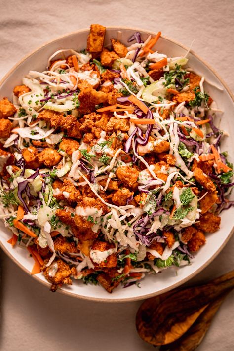 Vegan Ranch Slaw with Baked Crunchy Buffalo Tofu Ranch Slaw, Main Course Salad, Buffalo Tofu, Laura Wright, Tofu Salad, Vegan Ranch, Organic Snacks, Primal Kitchen, Baked Tofu