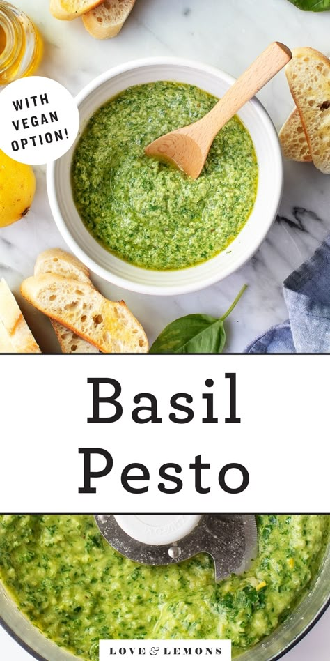 The BEST basil pesto recipe! With just 7 ingredients, this fresh, delicious pesto is the easiest summer kitchen essential. Toss it with pasta, slather it onto sandwiches, use it as a salad dressing - the options are endless! Recipe variations included. | Love and Lemons #pesto #sauce #easyrecipe #basil Easy Pesto Sauce, Fresh Basil Pesto Recipe, Fresh Basil Pesto, Basil Pesto Recipe, Basil Pesto Recipes, Homemade Pesto, Pesto Recipe, Pesto Sauce, Basil Pesto