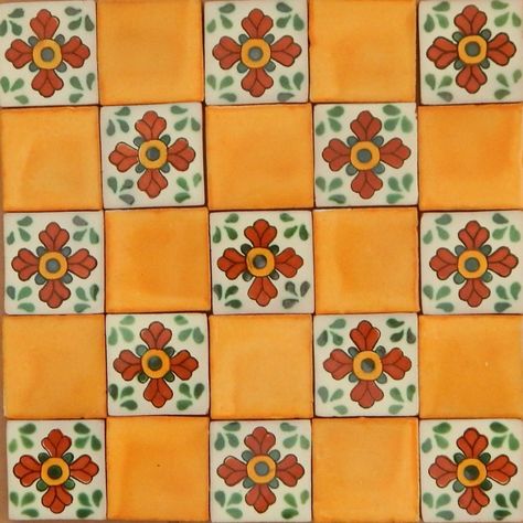 Talavera Tiles Kitchen, Talavera Tile Kitchen, Bar Tile, Mexican Kitchen Decor, Mexican Talavera Tile, Wallpaper Tile, Retro Interior Design, Yellow Tile, Flower Tile