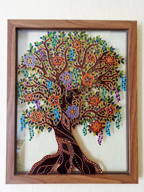 Painting Willow Tree, 3d Glass Painting, Tree Of Life Artwork, Bohemian Painting, 3d Relief Art, Family Tree Art, Glass Painting Patterns, Frida Art, Tree Of Life Art