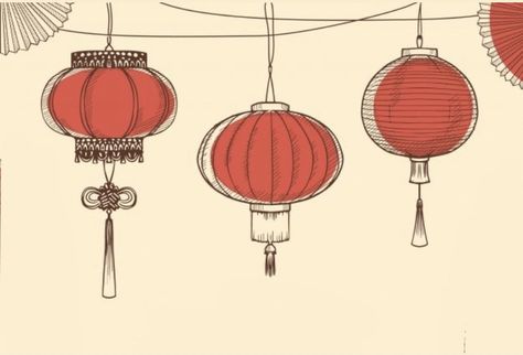 Chinese Drawing Ideas, Chinese Style Drawing, Chinese Fan Drawing, Japanese Lanterns Drawing, Tanglung Cina, Japanese Sketch Art, Japanese Fan Drawing, Chinese Lantern Drawing, Chinese Sketch