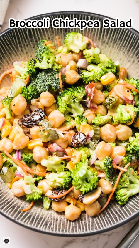 Crunchy, tangy, sweet, and loaded with veggies, Broccoli Chickpea Salad is loaded with flavor and color! It’s a tasty side or main dish! Chic Pea Salad, Broccoli Chickpea, Eating Green, Chickpea Salad Recipes, Seasonal Fruit, Green Eating, Cold Salad, Harvest Recipes, Eat Seasonal