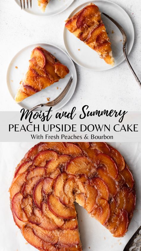 Peach Upside Down Cake - Topped With Honey Peach Upside Down Cake Recipe, Summer Produce Recipes, Summertime Desserts, Brown Sugar Caramel, Upside Down Cake Recipe, Peach Upside Down Cake, Sliced Peaches, Lemon Poppyseed Bread, Lemon Bars Easy