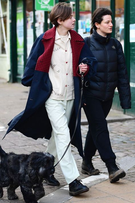 Emma Corrin, Navy Trench Coat, Off White Jacket, London Look, Checked Jacket, London Street Style, Street Style Winter, London Street, Celebrity Street Style