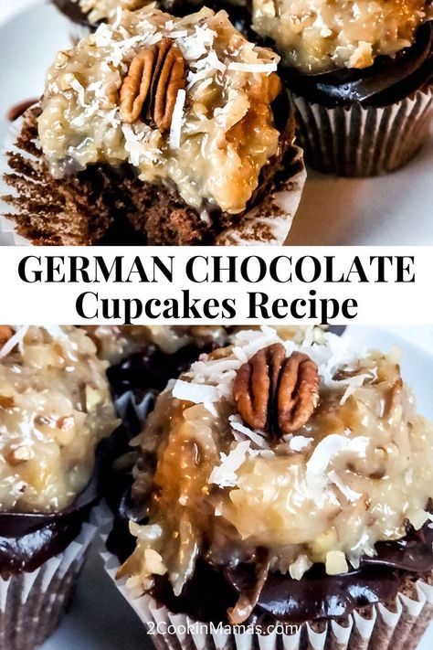 Indulge in the rich and decadent flavors of this German Chocolate Cupcakes recipe! Made with homemade chocolate and coconut pecan frosting, these cupcakes are the perfect dessert for any occasion. Soft and moist, they are sure to satisfy your sweet tooth. #ChocolateCupcakes #CoconutPecanFrosting Individual German Chocolate Cake, Healthy German Chocolate Cupcakes, German Chocolate Cupcake Recipe, Easy German Chocolate Cupcakes, Mini German Chocolate Cakes, German Chocolate Cake Frosting, German Chocolate Frosting, Boozy Baking, German Chocolate Cupcakes