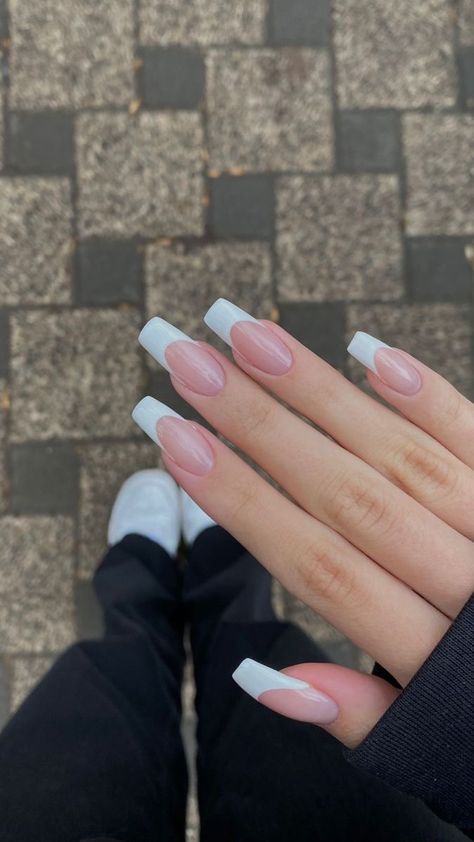 Coffin Clean Nails, Squoval French Tip Nails Long, Long French Tip Nails, Long French Nails, French Tip Acrylic Nails, Basic Nails, Beauty Finds, French Acrylic Nails, Classy Nails