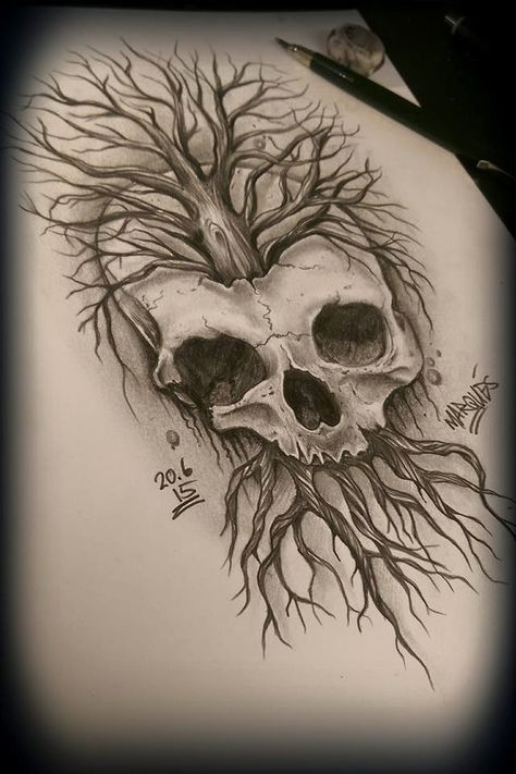 Skull Tree Tattoo Design, Pagan Tattoos, Tree Tat, Sternum Tattoos, Cool Skull Drawings, Skull Drawings, Roots Tattoo, Skull Moon, Pagan Tattoo