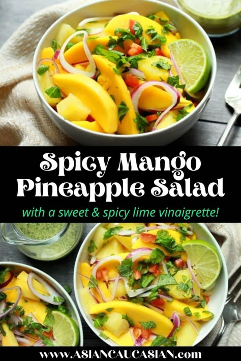 This summery Spicy Mango Pineapple Salad has fresh slices of ripe mangos and chunks of fresh pineapple, tossed together with sliced red onions, fresh mint and cilantro, and drizzled with a tangy, sweet and spicy lime vinaigrette. This easy fresh fruit salad is a perfect picnic recipe and a healthy cookout side dish. #healthyfruitsalad #easysummerrecipe #labordayrecipe #cookoutrecipes Mango Pineapple Salad, Rainbow Food Healthy, Healthy Cookout Side Dishes, Healthy Cookout, Pineapple Salad Recipes, Mango Salad Dressing, Healthy Fruit Salad, Pineapple Salad, Cookout Side Dishes