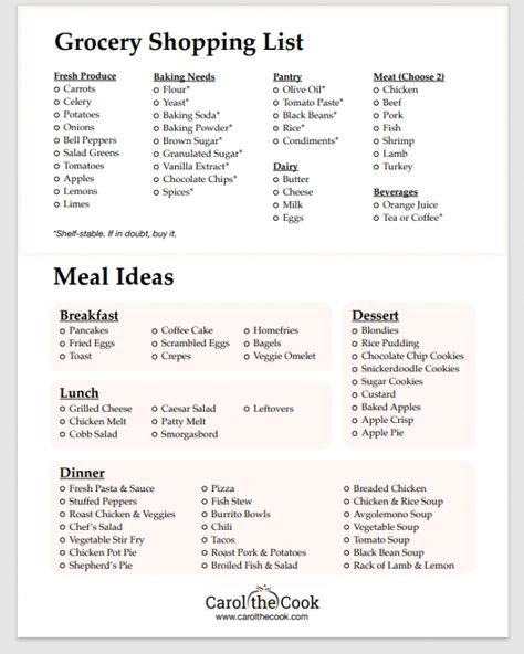 One Simple Grocery Shopping List for a Year’s Worth of Meal Combinations – Carol the Cook Money Saving Grocery List, One Month Grocery List, Grocery List For Two On A Budget, Single Mom Grocery List, Basic Meal Plan, Easy Grocery List For Two, Grocery List For A Month, Ingredient Household Shopping List, Basic Grocery List For One