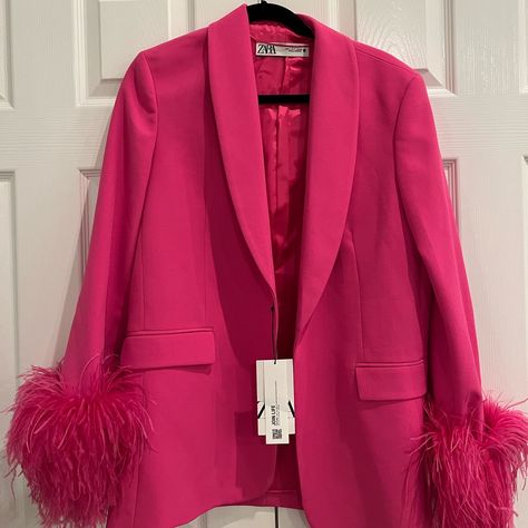 Brand New Blazer By Zara. Voluminous Feathers On Cuffs. Article #: 8216/707/645 Zara Blazer, Zara Jackets, Lookbook Outfits, Blazer Suit, Hot Pink, Tags, Lookbook, Zara, Jackets & Coats