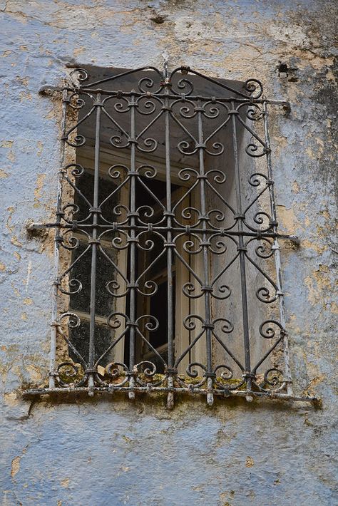 ˚Window Grate - Chefchaouen, Morocco Antique Fence, Metal Jali, Window Guards, Burglar Bars, Chefchaouen Morocco, Fence Gate Design, Wrought Iron Design, Window Grill Design, Iron Railing