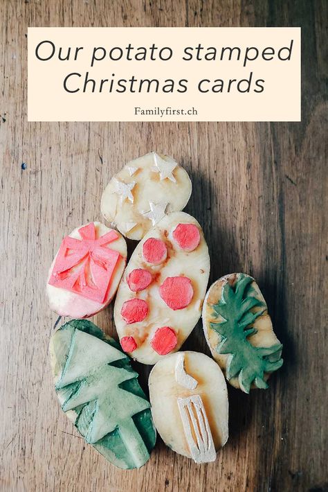 Potato Stamps Christmas, Christmas Potato Stamp, Christmas Tree Stamp Diy, Potato Stamp Christmas Cards, Toddler Christmas Cards Homemade, Diy Gifts From Toddlers Christmas, Holiday Card Craft For Kids, Potato Stamp Christmas, Potato Print Christmas Cards