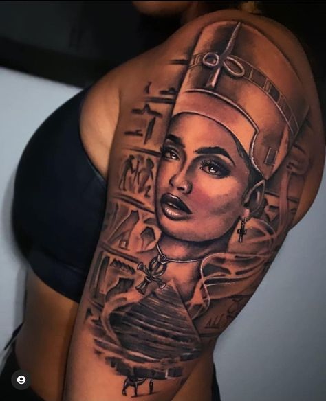 Egyptian Side Tattoo, Leg Tattoo Egyptian, Portrait Sleeve Tattoo For Women, Eygptain Tattoos For Women, Leg Sleeve Black Women, Egyptian Tattoo For Women, Queen Nefertiti Tattoo, Egyptian Queen Tattoos, African Queen Tattoo