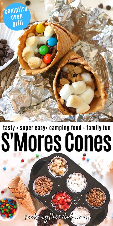 Smores Campfire Cones, S’mores Campfire Cones, Waffle Cone S’mores, Cone Smores Campfire, S’more Waffle Cones, S’more Cones, Campfire Foil Desserts, S’mores In A Cone, Foil Packet Desserts Camping