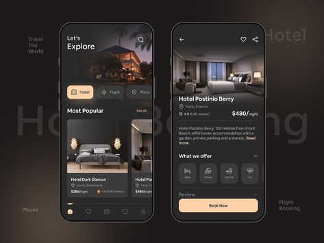 Hotel and Flight Booking App by Rakib Kowshar for Orizon: UI/UX Design Agency on Dribbble Flight Booking App, Flight App, Trip Planner App, Hotel App, Hotel Booking App, Event App, Flight Booking, Booking App, Dark Theme