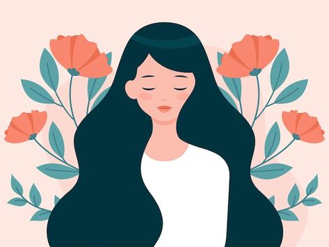 Vector young woman with long hair in flo... | Premium Vector #Freepik #vector #girl-art #fashion-cartoon #girl-illustration #girl Woman Hair Illustration, Long Hair Illustration, Women Vector, Woman With Long Hair, Month Design, Vector Girl, Woman Vector, Hair Vector, الفن الرقمي