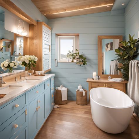 Coastal Bathroom Ideas, Bathroom Coastal, Small Half Bathroom, Light Blue Bathroom, Coastal Bathroom Design, Coastal Bathroom Decor, Beach House Bathroom, Blue Bathroom Decor, Serene Bathroom