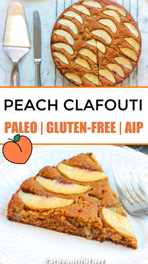 Paleo Peach Clafouti is the perfect easy summer dessert. Eat plain, or top with whipped cream or ice cream. This favorite casual cake can also be made year round with frozen peaches. Gluten-free, AIP, nut-free, egg-free and high in protein. Paleo Peach Clafouti is Gluten-free, AIP, nut-free, egg-free and high in protein. Paleo Strawberry Muffins, Aip Cake, Frozen Fruit Recipes, Primal Living, Eat Beautiful, Easy Summer Dessert, Frozen Peaches, Beautiful Recipes, Aip Desserts