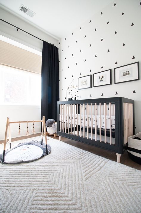 Black And White Theme Nursery, Nursery Wallpaper Black And White, Black And White Nursery With Pop Of Color, Modern Black Nursery, Black White Grey Nursery, Black And Natural Wood Nursery, Baby Boy Nursery Black Crib, Neutral Color Nursery Ideas, Black And Grey Nursery