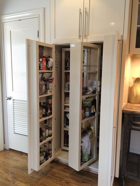 Single 35" (interior width) pantry with 2 sets of swing out shelf units, 4 narrow shelves on each door, and to 4 fixed shelves on each side against back wall. Upper cabinets have 2 deep shelves plus 2 narrow shelves attached inside each door. Single Door Pantry Cabinet, Narrow Pantry Cabinet Door, Single Swinging Pantry Door, 12 Inch Deep Pantry Cabinet Wall, Pantry Single Barn Door, Narrow Pantry, Vertical Doors, Narrow Shelves, Door Upgrade