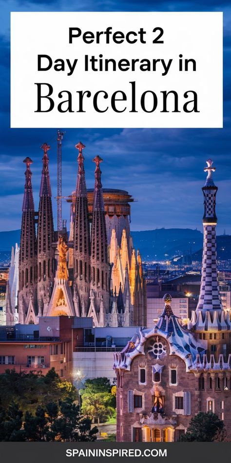 Barcelona cityscape at dusk, featuring the iconic Sagrada Familia and Gaudí's architecture. Barcelona Itinerary 3 Days, Barcelona Must See, Spain Trip Itinerary, What To Do In Barcelona, Spain Spring, Travel In Spain, Travel To Spain, Barcelona Vacation, Barcelona Itinerary