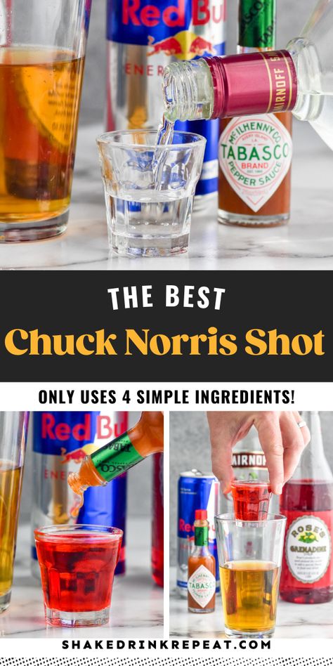 Chuck Norris Shot Recipe, Chuck Norris Drink, Red Bull Shots, Cherry Bomb Shot, Easy Shot Recipes, Bomb Shots, Popular Shots, Cherry Vodka, Shot Recipes