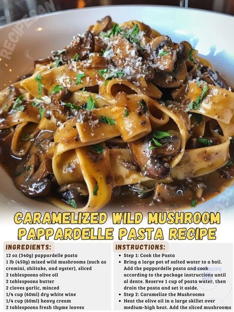 Carmelized Onions And Mushrooms, Wild Mushroom Pasta, Pappardelle Recipes, Parpadelle Recipes, Mushroom Pappardelle, Mafaldine Pasta, Pappardelle Pasta Recipe, Pappardelle Recipe, Caramelized Onions And Mushrooms