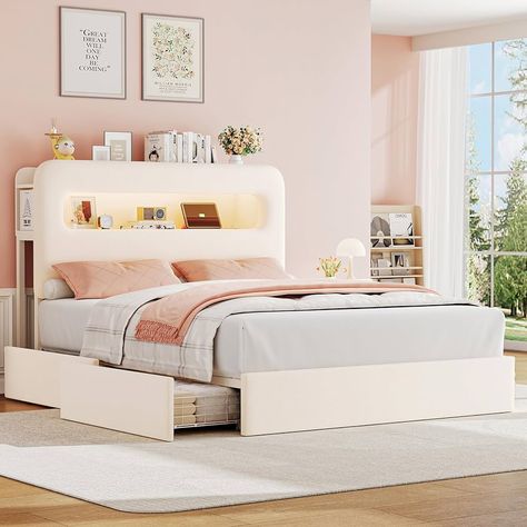 Amazon.com: HOSTACK Queen LED Bed Frame with Storage Headboard and Charging Station, Girls Bed Frame with 2 Drawers and USB Ports, Velvet Upholstered Platform Bed Frame with Bookcase, No Box Spring Needed, Pink : Home & Kitchen Queen Bed Frame With Storage, Kids Bed Frame, Cream Bed, Bed Frame With Storage Headboard, Bed Base Frame, Velvet Bed Frame, Led Bed, Led Beds, Apartment Deco