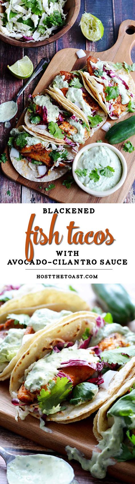 Blackened #Fish #Tacos with Avocado-Cilantro Sauce. These were some of the BEST tacos I've ever had! This recipe uses tilapia, but you can also try it with salmon, catfish, or whatever your heart desires! You can't go wrong with this #recipe. | hostthetoast.com Blackened Fish Tacos, Blackened Fish, Blacken Fish, Recipes Fish, Cilantro Sauce, Fish Tacos, Fish Dishes, Quesadillas, Seafood Dishes