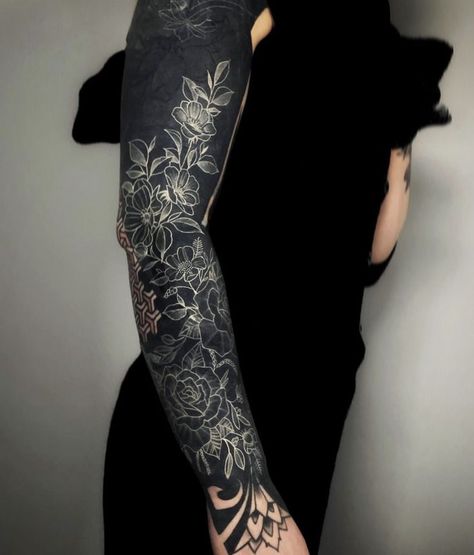 White On Black Tattoo, White Over Black Tattoo, Negative Tattoo, Arm Cover Up Tattoos, Black Sleeve Tattoo, All Black Tattoos, Solid Black Tattoo, Black Art Tattoo, Black Tattoo Cover Up