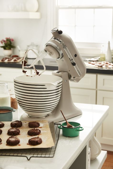 KitchenAid's Coming Out With Chic New Ways To Customize Your Stand MixerDelish Old Kitchen Cabinets, Baking Kitchen, Farmhouse Kitchen Cabinets, Smitten Kitchen, Kitchen Cabinets Makeover, Cabinet Makeover, Grey Kitchen Cabinets, Modern Farmhouse Kitchens, Stand Mixer