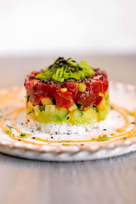 Tuna Stack Recipe, Sushi Stacks Recipe, Tuna Sushi Bowl, Sushi Stack, Sushi Stacks, Making Sushi At Home, Spicy Tuna Sushi, Tuna Sushi Rolls, Ahi Tuna Recipe