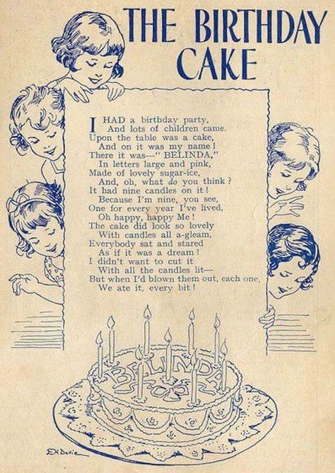 Happy Birthday Vintage Card, Birthday Vintage Aesthetic, Patty Cake Nursery Rhyme, Happy Birthday Poetry, Happy Birthday Poems, Birthday Rhymes, Birthday Poem, Nursery Rhymes Poems, Birthday Cake Illustration