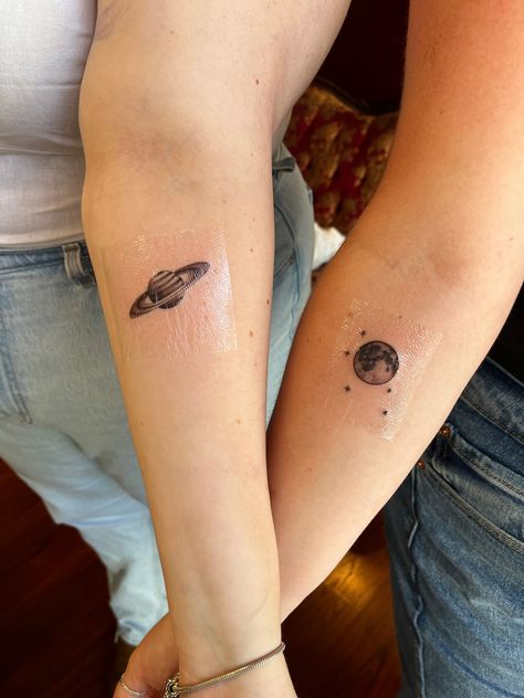 Matching Tattoos Planets, Saturn Matching Tattoos, Saturn And Jupiter Tattoo, Realistic Saturn Tattoo, Moon And Saturn Matching Tattoo, Space Matching Tattoos, Matching Space Tattoos, Love You To The Moon And To Saturn Tattoo, Tiny Planet Tattoos