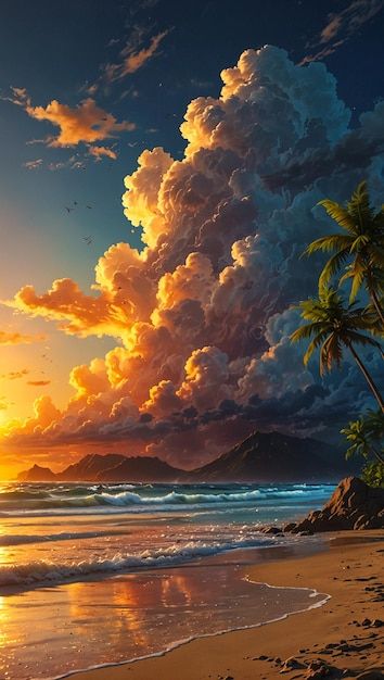 Beach Fantasy Art, Golden Clouds, Surf Painting, Sea Scape, Magic Aesthetic, Sunrise Beach, The Sunrise, Mountain Paintings, Beach Painting