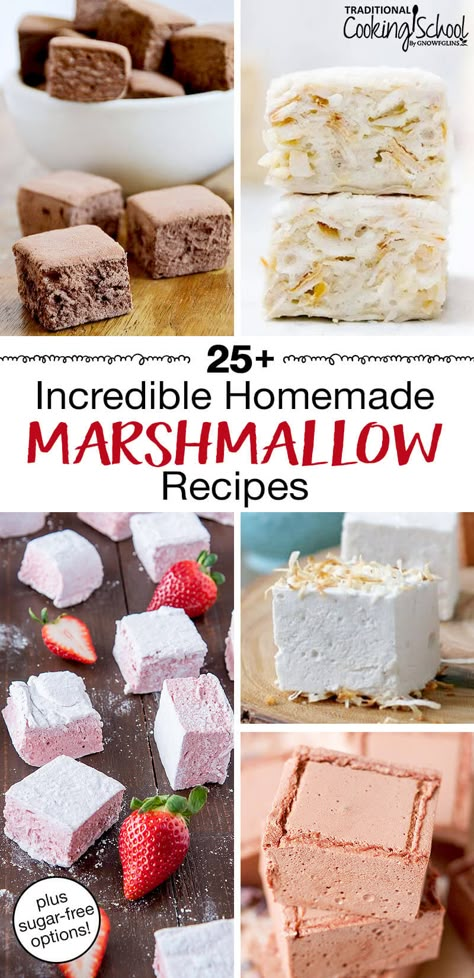 Fluffy marshmallows are the perfect festive treat! If you're looking for dessert ideas, you NEED this collection of 25+ incredible homemade marshmallow recipes... from traditional to uniquely flavored to allergy-friendly! No corn syrup, with or without gelatin, all 100% healthy & very easy. It takes only 30 minutes to whip up a batch this Christmas! Enjoy homemade marshmallows in steaming hot cocoa, toasted with s'mores, or on ice cream! #paleo #homemade #marshmallows #recipes #sugarfree Homemade Marshmallow Gift, Marshmallow Flavors Homemade, Homemade Marshmallow Flavors, Toasted Coconut Marshmallows, Marshmallow Without Gelatin, Homemade Flavored Marshmallows, Flavored Marshmallow Recipe, Desserts With Marshmallows, Marshmallow Recipe Ideas