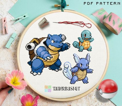 Squirtle Cross Stitch, Diy Gift For Kids, Pokemon Cross Stitch Patterns, Pokemon Cross Stitch, Stitch Character, Stitch Guide, Easy Stitch, Crochet Doll Pattern, Embroidery For Beginners