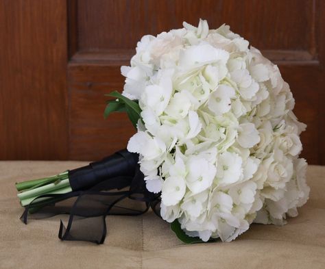 BEAUTIFUL! white hydrangea bouquet with black ribbon around stems Bridesmaid Bouquet Black, Bouquet With Black Ribbon, White Hydrangea Bouquet, Plaza Wedding, Hydrangea Bouquet, White Hydrangea, Flowers Wedding, Black Ribbon, Floral Designs