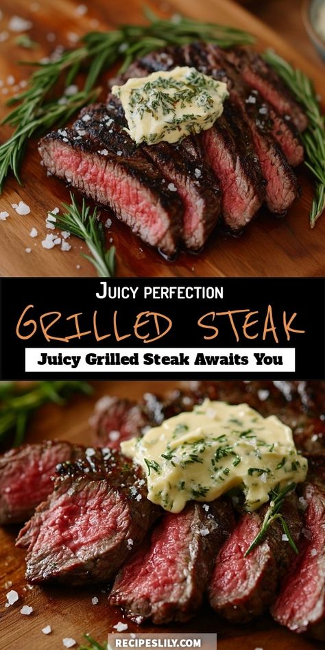 I can't get enough of this juicy grilled steak! It's perfectly cooked and topped with a flavorful herb butter that melts into every slice. The tenderness and taste are simply unmatched. Trust me, this dish will impress your family and friends at your next gathering! Steak Grill Recipes, Rib Eye Steak Recipes Grilled, Steak On Grill, Bbq Steak Recipes, Steak On Gas Grill, Grilled Steak Dinner, Best Grilled Steak, Grilled Tenderloin, Flap Steak