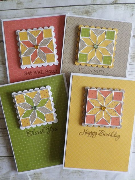 Quilt Block Card Set | This is a set of cards I made for my … | Flickr Patchwork Cards, Birthday Presents For Mum, Quilt Cards, Sewing Christmas, Paper Quilt, Sewing Cards, Christmas Quilt, Stamping Up Cards, Card Patterns