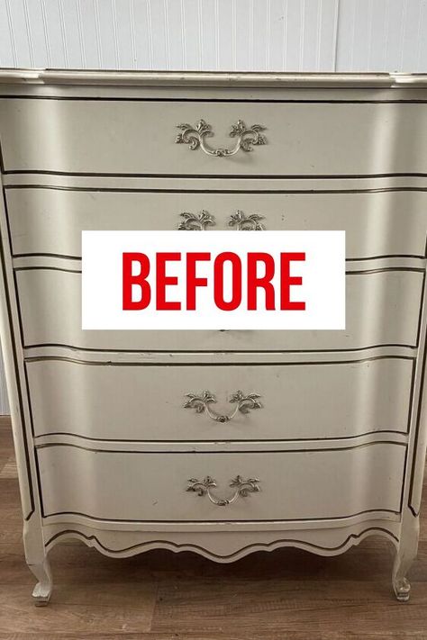 Painting Old Dressers Ideas, Upcycled Furniture Dressers, Upcycled Dressers Ideas, Redoing Dressers Ideas, Repurposed Dresser Ideas, White Dresser Makeover, Old Dresser Makeover, French Provincial Chest Of Drawers, Dresser Makeover Diy