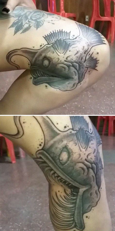 Bend Of Knee Tattoo, Morphing Tattoo Ideas, Bend Of Leg Tattoo, Creative Moving Tattoo Ideas, Creative Moving Tattoos, Moving Leg Tattoo, Large Body Tattoos For Women, Elbow Moving Tattoo, Tattoos That Move