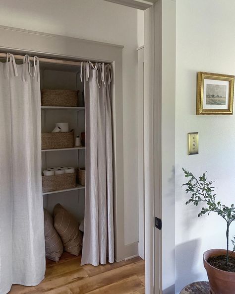 Curtains In Front Of Closet, Curtains In Doorway, Shelves With Curtains, Curtain For Closet Door Bedroom Ideas, Closet With Curtains For Doors, Curtains Instead Of Closet Doors, Curtain For Closet Door, Curtain Closet Door Ideas, Closet Curtain Ideas