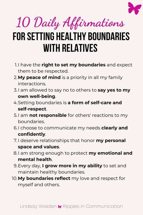 Embrace these 10 powerful daily affirmations to reinforce your ability to set and uphold healthy boundaries with relatives. Perfect for anyone seeking to balance family dynamics with personal well-being. Click to be inspired and start your journey towards healthier relationships today! #HealthyBoundaries #FamilyDynamics #DailyAffirmations Boundaries Affirmations, Healthy Boundaries Relationships, Family Boundaries, 10 Affirmations, Boundaries Quotes, Social Skills For Kids, Relationship Boundaries, Relationship Conflict, Better Communication