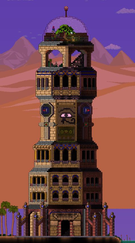 Terraria Cyberpunk, Terraria Build Ideas, Terraria Desert House, Terraria Tower, Terraria Builds Ideas, Terraria Base Ideas, Terraria Mods, Desert Tower, Terraria Castle